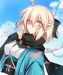 Rule 34 | 1girl, :o, ahoge, akatsuki (ggsy7885), arm guards, black bow, black scarf, blonde hair, blurry, blurry background, bow, breasts, cloud, fate/grand order, fate (series), from side, grabbing, green eyes, hair between eyes, hair bow, hair strand, hand up, haori, highres, japanese clothes, kimono, koha-ace, long sleeves, looking at viewer, looking to the side, medium breasts, messy hair, obi, okita souji (fate), okita souji (koha-ace), parted lips, sash, scarf, short hair, sidelocks, solo, standing, upper body, white kimono