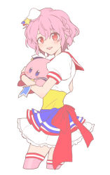 Rule 34 | 1boy, :d, blue eyes, blush, bow, braid, commentary request, cowboy shot, cropped legs, crossdressing, dress, flag, frilled skirt, frills, hair between eyes, hat, hat ornament, highres, holding, holding stuffed toy, idol clothes, kirby, kirby (series), looking at viewer, male focus, mini hat, mole, mole under eye, nintendo, nojima minami, open mouth, pink eyes, pink hair, pretty series, pripara, puffy short sleeves, puffy sleeves, red bow, reona west, sailor hat, short dress, short hair, short sleeves, side braid, simple background, skirt, smile, solo, standing, star (symbol), star hat ornament, stuffed toy, trap, waist bow, white background, white dress, white hat