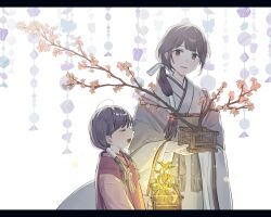 Rule 34 | 2girls, blush, box, brown eyes, brown hair, child, closed eyes, clothing request, glowing, hair over shoulder, highres, hinamatsuri, holding, holding box, japanese clothes, kimono, low twintails, mkt ocha, multiple girls, open mouth, original, plant, ponytail, single hair tube, smile, tree, twintails
