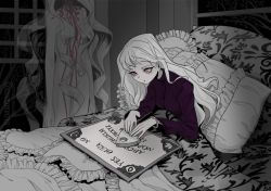 Rule 34 | 1girl, black shirt, bracelet, frilled pillow, frills, ghost, greyscale, horror (theme), indoors, jewelry, long hair, long sleeves, monochrome, original, ouija, pillow, pink eyes, shirt, sitting, solo, spot color, under covers, upper body, white hair, window, woraya chotikul