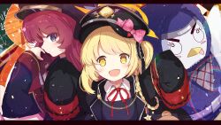 Rule 34 | 2girls, arms up, black hat, black jacket, blonde hair, blue archive, bow, chamoraile, commentary request, grey eyes, hat, hat bow, highres, ibuki (blue archive), iroha (blue archive), jacket, long braid, long hair, long sleeves, looking at another, looking at viewer, multiple girls, one side up, open mouth, outstretched arms, peaked cap, peroro (blue archive), red hair, sleeves past fingers, sleeves past wrists, smile, tongue, tongue out, upper body, yellow eyes