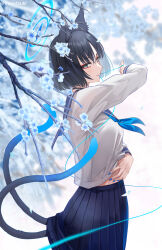 Rule 34 | 1girl, animal ears, black eyes, black hair, black sailor collar, black skirt, blue archive, blue flower, blue halo, blue neckerchief, cat ears, cat tail, closed mouth, eyeliner, flower, halo, highres, ironatsuki, kikyou (blue archive), long sleeves, looking at viewer, makeup, multiple tails, neckerchief, pleated skirt, red eyeliner, sailor collar, school uniform, serafuku, short hair, skirt, solo, tail, twitter username, two tails