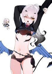 1girl ;o absurdres arm_up bikini black_bikini black_hair black_shrug breasts chibi chibi_inset cowboy_shot cross dragon_wings fate/grand_order fate_(series) fish_bottle forked_eyebrows gluteal_fold gradient_hair green_nails hair_intakes high_ponytail highres holding_own_arm long_hair long_sleeves looking_at_viewer lower_teeth_only melusine_(fate) melusine_(swimsuit_ruler)_(fate) melusine_(swimsuit_ruler)_(first_ascension)_(fate) multicolored_hair navel one_eye_closed open_mouth ponytail pubic_tattoo shrug_(clothing) siho_is_alien small_breasts standing stomach swimsuit tail tattoo teeth white_hair wings yellow_eyes