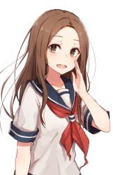Rule 34 | 10s, 1girl, :d, black cola, blush, brown eyes, brown hair, collarbone, commentary request, forehead, hand to own mouth, heart, heart-shaped pupils, highres, karakai jouzu no takagi-san, long hair, looking at viewer, neckerchief, open mouth, parted bangs, red neckerchief, school uniform, serafuku, shirt, short sleeves, simple background, smile, solo, symbol-shaped pupils, takagi-san, teeth, upper teeth only, very long hair, white background, white shirt