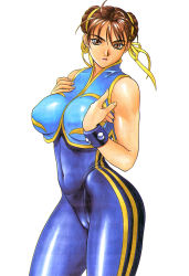 Rule 34 | 1990s (style), 1girl, breasts, capcom, chun-li, double vertical stripe, highres, inoue takuya, large breasts, lips, pantylines, scan, scan artifacts, skin tight, solo, street fighter, street fighter zero (series), thong, underwear, unitard