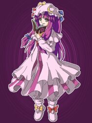 Rule 34 | 1girl, aksawshin, bags under eyes, blue bow, blunt bangs, bow, bowtie, bun cover, crescent, crescent hat ornament, double bun, dress, footwear bow, hair bow, hair bun, hat, hat bow, hat ornament, long hair, long sleeves, mob cap, neck ribbon, patchouli knowledge, pixel art, purple background, purple dress, purple eyes, purple hair, purple hat, red bow, red bowtie, red ribbon, ribbon, robe, shoes, solo, striped clothes, striped dress, touhou, vertical-striped clothes, vertical-striped dress, very long hair, white footwear, wide sleeves, yellow bow