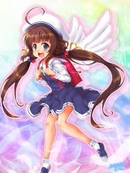 Rule 34 | 1girl, ahoge, angel wings, back-to-back, backpack, bag, blue dress, blue eyes, blue footwear, brown hair, child, commentary request, dress, flat chest, full body, hinatsuru ai, layered sleeves, long hair, long sleeves, looking at viewer, low twintails, randoseru, ryuuou no oshigoto!, short over long sleeves, short sleeves, smile, socks, solo, soutou, twintails, white headwear, white socks, wings