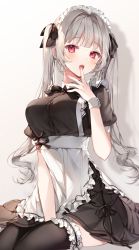 Rule 34 | 1girl, absurdres, apron, black dress, black ribbon, black thighhighs, breasts, commentary, dress, fangs, finger to mouth, frilled apron, frilled thighhighs, frills, grey hair, hair ribbon, highres, large breasts, long hair, maid, maid headdress, open mouth, original, red eyes, ribbon, short sleeves, sitting, solo, symbol-only commentary, taya oco, thighhighs, thighs, twintails, waist apron, white apron, wrist cuffs, zettai ryouiki