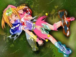 Rule 34 | 1girl, closed eyes, feathers, hat, inferno (nanbu14), minami kaede, mirumo de pon!, open mouth, restrained, skirt, slime (substance), solo, tears, torn clothes, twintails