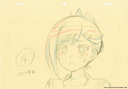 Rule 34 | 10s, 1girl, blush, commentary, confused, folded ponytail, hair ornament, hairpin, inou-battle wa nichijou-kei no naka de, key frame, kudou mirei, official art, partially colored, production art, production note, sketch, solo, surprised, sweat, sweatdrop, trigger (company), yellow background