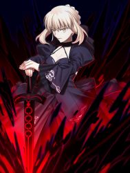 Rule 34 | 1girl, artoria pendragon (all), artoria pendragon (fate), black dress, blonde hair, braid, breasts, chietori, cleavage, dress, excalibur morgan (fate), fate/stay night, fate (series), french braid, hair between eyes, holding, holding sword, holding weapon, pale skin, saber alter, solo, sword, weapon, yellow eyes