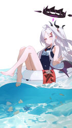 Rule 34 | 1girl, absurdres, bare arms, bare legs, bare shoulders, barefoot, black horns, black one-piece swimsuit, blue archive, blush, closed mouth, demon horns, demon wings, eco 376124, grey hair, halo, highres, hina (blue archive), hina (swimsuit) (blue archive), horns, innertube, long hair, looking at viewer, multiple horns, official alternate costume, one-piece swimsuit, purple eyes, purple wings, school swimsuit, solo, swim ring, swimsuit, toes, v, water, wings