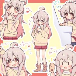 Rule 34 | 1girl, :&gt;, :d, absurdres, ahoge, bag, bare legs, blush stickers, boots, border, brown eyes, brown footwear, cellphone, colored inner hair, commentary, grey hair, hair between eyes, heart, highres, holding, holding phone, ketchup k, long sleeves, miniskirt, multicolored hair, multiple views, onii-chan wa oshimai!, open mouth, outline, outside border, oyama mahiro, paw pose, phone, pink hair, puckered lips, red border, red skirt, shoulder bag, simple background, skirt, smartphone, smile, sparkle, tongue, tongue out, two-tone hair, white outline, yellow background, | |