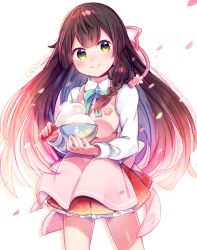 Rule 34 | 1girl, apron, blush, bow, bowl, bowtie, braid, brown hair, cherry blossoms, closed mouth, commentary request, food, hair ornament, head tilt, holding, holding bowl, long hair, long sleeves, looking at viewer, moe on drop, original, pink apron, smile, solo, yellow eyes