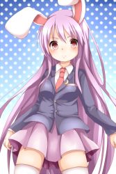 Rule 34 | 1girl, animal ears, blazer, blush, breasts, chikuwa savy, highres, jacket, long hair, necktie, pleated skirt, polka dot, polka dot background, purple hair, rabbit ears, red eyes, red necktie, reisen udongein inaba, short hair, skirt, small breasts, solo, thighhighs, touhou, white thighhighs
