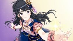 Rule 34 | 1girl, black eyes, black hair, commentary request, costume, crown, highres, idolmaster, idolmaster shiny colors, kazano hiori, long hair, looking at viewer, mini crown, mole, mole under mouth, nagami tami, ponytail, short sleeves, simple background, solo, star (symbol), wristband