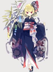 Rule 34 | 1girl, black kimono, black ribbon, blonde hair, bow, commentary, darkness, floral print, full body, hair ribbon, highres, holding, holding plant, japanese clothes, kimono, long sleeves, looking at viewer, nikorashi-ka, plant, red bow, red eyes, red ribbon, ribbon, rumia, sandals, short hair, smile, solo, tanabata, touhou, waist bow, white bow, wide sleeves, zouri
