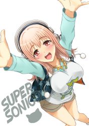 Rule 34 | 1girl, arms up, blush, breasts, cat, character name, from above, headphones, highres, honoji, large breasts, legs, long hair, looking up, nitroplus, open mouth, outstretched arms, pink hair, red eyes, shorts, solo, star (symbol), super sonico