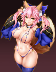 Rule 34 | 10s, 1girl, animal ears, bikini, blue bikini, blue thighhighs, blush, breasts, crotchless, crotchless swimsuit, detached collar, detached sleeves, fang, fate/extra, fate (series), female pubic hair, fox ears, fox tail, hair ribbon, large breasts, long hair, looking at viewer, navel, nippleless clothes, nipples, oni-noboru, open mouth, pink hair, pubic hair, revision, ribbon, smile, solo, swimsuit, tail, tamamo (fate), tamamo no mae (fate/extra), thighhighs, yellow eyes