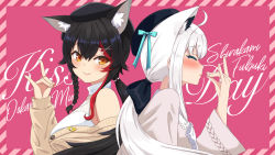 Rule 34 | 2girls, ahoge, animal ear fluff, animal ears, bare shoulders, beret, black bow, black hair, black headwear, blush, bow, breasts, brown cardigan, brown eyes, cardigan, closed eyes, closed mouth, commentary request, extra ears, fox ears, fox girl, from side, hachiman tanuki, hair between eyes, hair bow, hair ornament, hat, highres, hololive, implied kiss, kiss, kiss day, large breasts, long hair, long sleeves, looking at viewer, looking to the side, multicolored hair, multiple girls, \\n/, off shoulder, ookami mio, ookami mio (street), ponytail, red hair, shirakami fubuki, shirakami fubuki (street), shirt, sidelocks, simple background, sleeveless, sleeveless shirt, small breasts, smile, streaked hair, upper body, virtual youtuber, white background, white hair, white shirt, wolf ears, wolf girl, x hair ornament
