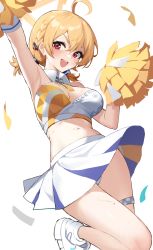 Rule 34 | 1girl, :d, absurdres, ahoge, arm up, armpits, blonde hair, blue archive, blush, breasts, crop top, detached collar, hair between eyes, halo, highres, holding, holding pom poms, kotori (blue archive), kotori (cheer squad) (blue archive), looking at viewer, medium breasts, millennium cheerleader outfit (blue archive), open mouth, pom pom (cheerleading), pom poms, red eyes, shoes, short twintails, simple background, skirt, smile, solo, stone (ksorede), thigh strap, twintails, v-shaped eyebrows, white background, white footwear, white skirt