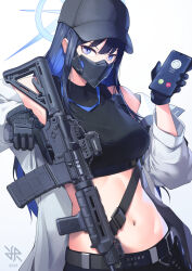 Rule 34 | 1girl, 2023, artist logo, assault rifle, bare shoulders, baseball cap, black gloves, black hair, black hat, black mask, black shirt, blue archive, blue eyes, blue hair, breasts, cellphone, colored inner hair, crop top, foregrip, gloves, gun, halo, hat, highres, hiroki ree, holding, holding gun, holding phone, holding weapon, looking at viewer, mask, medium breasts, midriff, mouth mask, multicolored hair, navel, off shoulder, phone, rifle, saori (blue archive), shirt, sig 516, simple background, smartphone, solo, stomach, trigger discipline, two-tone hair, upper body, weapon, white background