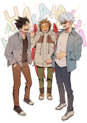 Rule 34 | 3boys, :d, ^ ^, artist name, black hair, blonde hair, blue pants, blue shirt, blush, boku no hero academia, breast pocket, brown footwear, brown jacket, brown pants, brown shirt, buttons, closed eyes, collared shirt, commentary, drawstring, english commentary, facial hair, feathered wings, goggles, gojou satoru, green pants, haikyuu!!, hand in pocket, hand up, hawks (boku no hero academia), headphones, hood, hood down, hooded jacket, jacket, jujutsu kaisen, kadeart, kuroo tetsurou, laughing, long sleeves, male focus, multiple boys, open clothes, open mouth, open shirt, pants, parted bangs, pocket, red wings, round teeth, shirt, shoes, short hair, signature, simple background, smile, standing, stubble, sunglasses, teeth, tongue, upper teeth only, white background, white footwear, white hair, white shirt, wing collar, wings, yellow footwear