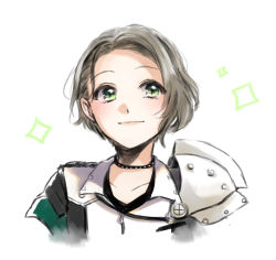 Rule 34 | 1girl, armor, black choker, black jacket, choker, closed mouth, collarbone, commentary request, cropped arms, cropped torso, green eyes, grey hair, hair behind ear, jacket, light blush, light smile, looking at viewer, minase suzu, parted bangs, pauldrons, short hair, shoujo kageki revue starlight, shoulder armor, simple background, single pauldron, sketch, solo, sparkle, studded choker, tareko, upper body, white background, white jacket