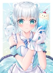 Rule 34 | 1girl, animal, animal ears, apron, bare shoulders, bear, bear ears, blue bow, blue dress, blue eyes, blue sleeves, blush, bow, breasts, closed mouth, collar, collarbone, commentary request, cup, detached collar, detached sleeves, dress, drinking straw, frilled apron, frilled dress, frilled sleeves, frills, gloves, grey hair, hands up, highres, holding, holding cup, ice, ice cube, kohinata hoshimi, looking at viewer, medium breasts, original, puffy short sleeves, puffy sleeves, short sleeves, smile, solo, star (symbol), twintails, white apron, white collar, white gloves, wing collar