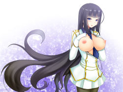 Rule 34 | 10s, 1girl, between breasts, black hair, blue eyes, blush, breasts, breasts out, female focus, gloves, gradient background, ikaruga (senran kagura), large breasts, long hair, military, military uniform, necktie, nipples, okuri banto, open clothes, open mouth, open shirt, pantyhose, senran kagura, shirt, skirt, solo, standing, uniform, very long hair, wallpaper, white background, white gloves
