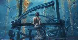 Rule 34 | 1girl, aquarium, artist name, back, backless dress, backless outfit, blue theme, character request, copyright name, dress, fish, from behind, ghostblade, grey hair, hairstyle request, highres, instrument, kelp, logo, music, piano, piano bench, playing instrument, playing piano, reflection, shark, silver dress, sitting, solo, string, train (clothing), water, watermark, web address, whale shark, wlop