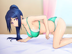 Rule 34 | 1girl, arm support, armpits, bare arms, bare legs, bed, bed sheet, blue hair, blush, bra, breasts, cleavage, collarbone, curtains, green bra, green panties, hair over shoulder, high ponytail, indoors, kneeling, lace, lace-trimmed bra, lace-trimmed panties, lace trim, large breasts, long hair, looking at viewer, love live!, love live! sunshine!!, matsuura kanan, n haduki, panties, purple eyes, sideboob, sidelocks, sleeveless, smile, solo, underwear, underwear only, window