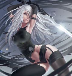 Rule 34 | 1girl, a2 (nier:automata), android, arms up, black thighhighs, blue eyes, boots, commentary, doll joints, feathers, garter straps, highres, joints, long hair, looking away, nier:automata, nier (series), silver hair, solo, sword, thigh boots, thighhighs, torn clothes, uruka 18, weapon
