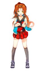 Rule 34 | 1girl, :d, collarbone, crossed arms, fang, floating hair, full body, hair ornament, highres, hougu souji, kneehighs, long hair, looking at viewer, miniskirt, miyahama hitoka, onsen musume, open mouth, orange hair, pleated skirt, red skirt, sarashi, simple background, skirt, smile, socks, solo, standing, striped clothes, striped socks, very long hair, white background, yellow eyes