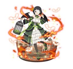 Rule 34 | 1girl, ankle ribbon, bandage over one eye, black eyes, black hair, black legwear, black wings, bow, breasts, choker, demon wings, detached sleeves, dress, fire, footwear bow, full body, green bow, green ribbon, holding, kirigaya suguha, large breasts, layered dress, leg ribbon, leg up, looking at viewer, neck ribbon, ribbon, shoes, short hair, simple background, sleeveless, smile, solo, standing, standing on one leg, strapless, strapless dress, striped, sword art online, vertical stripes, white background, wings
