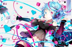Rule 34 | 1girl, blue hair, detached sleeves, hair ornament, hairclip, headphones, heart, heart-shaped pupils, heterochromia, highres, looking at viewer, multicolored hair, navel, original, rooseputo 02, short hair, smile, solo, symbol-shaped pupils, two-tone hair