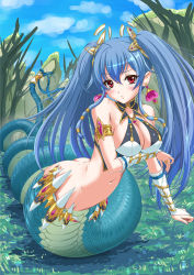 Rule 34 | 1girl, armlet, blue hair, blush, bracelet, breasts, chaki-yam, cleavage, earrings, hair ornament, jewelry, lamia, large breasts, long hair, looking at viewer, lots of jewelry, midriff, monster girl, navel, original, pointy ears, red eyes, ribbon, ring, scales, solo, tail, tail ornament, tail ribbon, twintails, very long hair