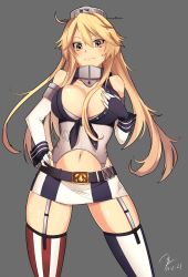 Rule 34 | 10s, 1girl, bare shoulders, blonde hair, blush, breasts, brown eyes, cleavage, clothes writing, garter straps, gloves, hand on own hip, headgear, iowa (kancolle), kantai collection, koruta (nekoimo), large breasts, long hair, looking at viewer, miniskirt, navel, skirt, smile, solo, standing, thighhighs, zettai ryouiki