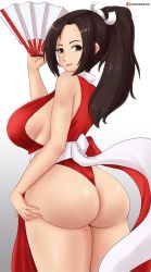 Rule 34 | 1girl, ass, breasts, fan, fatal fury, highres, huge ass, large breasts, ponytail, shiranui mai