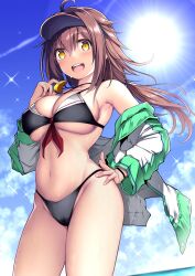 Rule 34 | 1girl, absurdres, ahoge, bikini, black bikini, breasts, brown eyes, brown hair, commentary request, cowboy shot, day, hair between eyes, hand on own hip, highres, jacket, kantai collection, kuromayu, large breasts, long hair, looking at viewer, navel, off shoulder, open clothes, open jacket, outdoors, shiratsuyu (kancolle), shiratsuyu kai ni (kancolle), solo, standing, swimsuit, visor cap, wet, whistle, whistle around neck