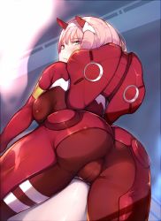 Rule 34 | 10s, 1girl, arched back, ass, blush, bodysuit, breasts, cameltoe, darling in the franxx, embarrassed, from behind, from below, gloves, green eyes, horns, kimoshi, large breasts, long hair, looking at viewer, looking back, looking down, pink hair, red bodysuit, shiny clothes, skin tight, solo, zero two (darling in the franxx)
