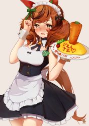 Rule 34 | 1girl, alternate costume, animal ears, apron, blush, brown hair, carrot, embarrassed, enmaided, food, highres, horse ears, horse girl, horse tail, krmrsn9603, maid, maid apron, maid headdress, name tag, nice nature (umamusume), omelet, omurice, tail, tearing up, tray, twintails, umamusume, wrist cuffs