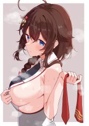 Rule 34 | 1girl, absurdres, ahoge, black shirt, blue eyes, border, braid, breasts, brown hair, calin, collared shirt, commentary request, hair between eyes, hair flaps, hair over shoulder, highres, holding necktie, hot, kantai collection, large breasts, light smile, long hair, looking at viewer, necktie, outside border, red necktie, shigure (kancolle), shigure kai san (kancolle), shirt, sideboob, simple background, single braid, sleeveless, sleeveless shirt, solo, sweat, two-tone shirt, unworn necktie, upper body, white border, white shirt