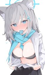 Rule 34 | 1girl, animal ear fluff, animal ears, black bra, black skirt, blue archive, blue eyes, blue scarf, blush, bra, breasts, cleavage, condom, condom wrapper, cross hair ornament, extra ears, grey hair, hair ornament, halo, highres, long sleeves, looking at viewer, medium breasts, medium hair, mikozin, mouth hold, navel, open clothes, open shirt, pleated skirt, scarf, shiroko (blue archive), shirt, sidelocks, skirt, solo, sweat, underwear, white shirt, wolf ears