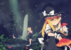 Rule 34 | 3girls, adapted costume, alice margatroid, alternate eye color, blonde hair, blue dress, blurry, bow, capelet, cleavage cutout, clothes lift, clothing cutout, dress, dress lift, fuukadia (narcolepsy), hairband, hat, hat bow, image sample, kirisame marisa, landscape, long hair, long sleeves, multiple girls, mushroom, nature, patchouli knowledge, puffy sleeves, red eyes, scenery, shirt, short hair, short sleeves, skirt, skirt set, smile, squatting, touhou, vest, water, waterfall, witch hat, wrist cuffs