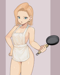Rule 34 | 1girl, absurdres, android 18, apron, armpit peek, blonde hair, blue eyes, border, breasts, collarbone, cowboy shot, dragon ball, dragonball z, earrings, frying pan, hair behind ear, highres, jewelry, looking at viewer, medium breasts, naked apron, open mouth, rokoido12, short hair, simple background, solo, standing, thighs