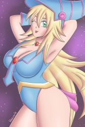 Rule 34 | 1girl, absurdres, artist name, blonde hair, breasts, cleavage, dark magician girl, green eyes, highres, large breasts, legs, leotard, long hair, looking at viewer, one eye closed, smile, solo, thighs, tongue, tongue out, wink, yu-gi-oh!