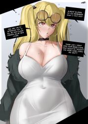 Rule 34 | 1girl, blonde hair, breasts, choker, cleavage, collarbone, covered navel, dress, english text, eroborne, fur-trimmed jacket, fur trim, glasses, glasses on head, hair ornament, heart, heart hair ornament, highres, jacket, large breasts, lips, long hair, mind control, mole, mole on breast, original, parted lips, red eyes, saliva, saliva trail, speech bubble, twintails, white dress, wide hips