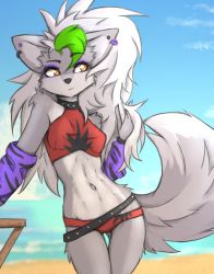 Rule 34 | 1girl, absurdres, animal ears, beach, breasts, earrings, five nights at freddy&#039;s, five nights at freddy&#039;s: security breach, furry, highres, jewelry, lipstick, long hair, makeup, roxanne wolf (fnaf), tail, tinygaypirate, werewolf, wolf, wolf ears, wolf girl, wolf tail