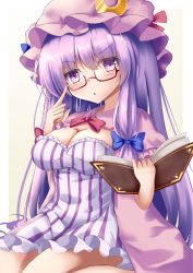 Rule 34 | 1girl, bespectacled, blue bow, blue ribbon, blush, bow, bowtie, breasts, capelet, cleavage, commentary, crescent, crescent hat ornament, crescent pin, dress, frilled dress, frills, glasses, hair bow, hat, hat ornament, hat ribbon, kneeling, large breasts, long hair, looking at viewer, mob cap, open clothes, open robe, patchouli knowledge, purple eyes, purple hair, red-framed eyewear, red bow, red bowtie, red ribbon, ribbon, robe, short dress, simple background, solo, touhou, unory, very long hair